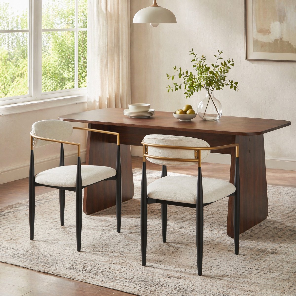 COVREO eetkamerstoel 55 x 59 x 85 cm - set van 2, beige stof, zwart metalen frame met goud