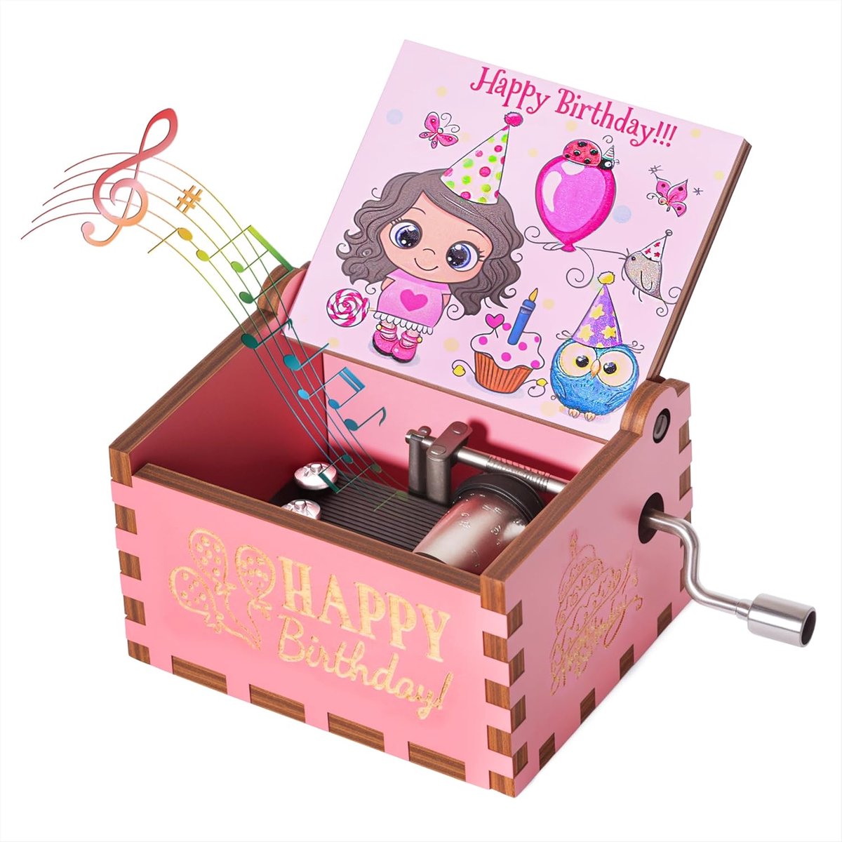 SnelShoppen - Houten Muziekdoos met Crank Roze - Gelukkige Verjaardag Vintage Muziek Cadeau voor Verjaardag, Jubileum, Kerst voor Kinderen en Vrienden