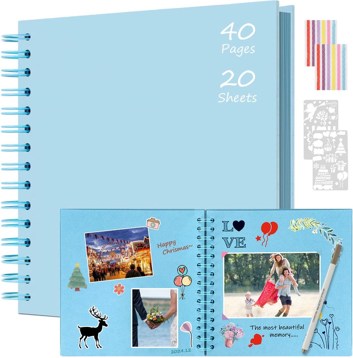 SnelShoppen - DIY Spiral Album 21x21 cm - 40 Pagina's Foto Album Scrapbook - Blauw - Perfect voor Baby, Verjaardag, Kerst, Valentijnsdag