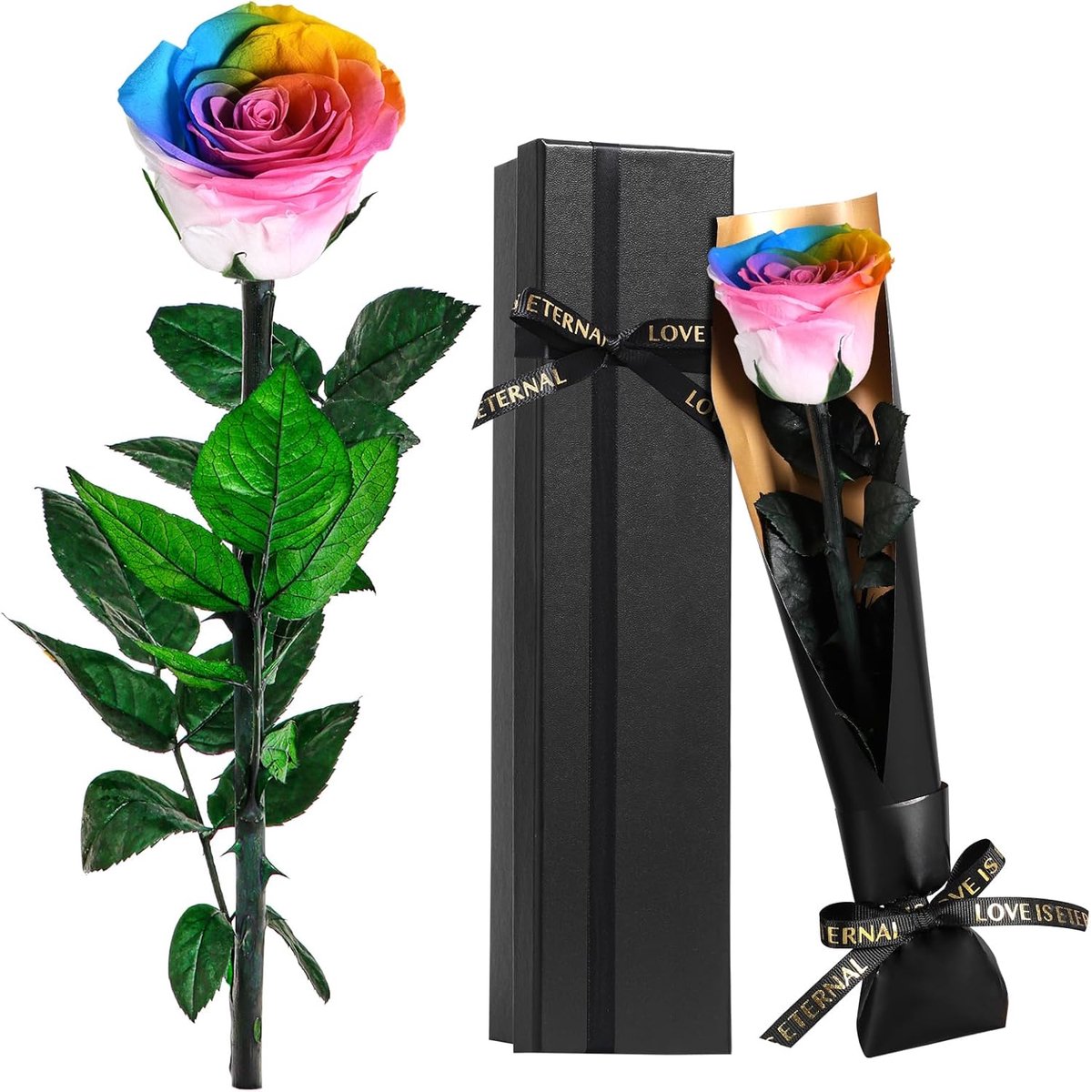 SnelShoppen - Eternal Rainbow Roos met Echte Steel, Handgekleurde Bloem Gift voor LGBTQ+ Feesten, Kleurvolle Eternelle Bloem in Doos voor Pride Parade