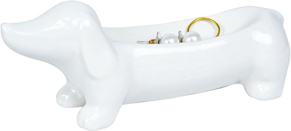 SnelShoppen - Schattige Dachshund Keramische Sieradenhouder - Mini Decoratieve Schotel voor Sleutels en Sieraden - Hondenliefhebber Cadeau - Wit - 15.