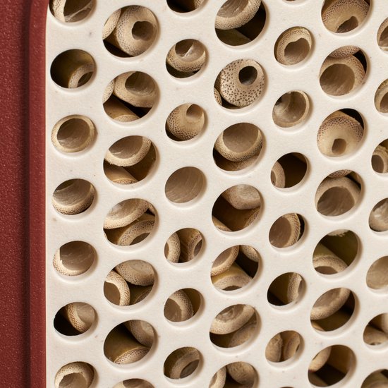 Close-up van een insectenhotel met een bruine buitenkant en rieten buisjes.