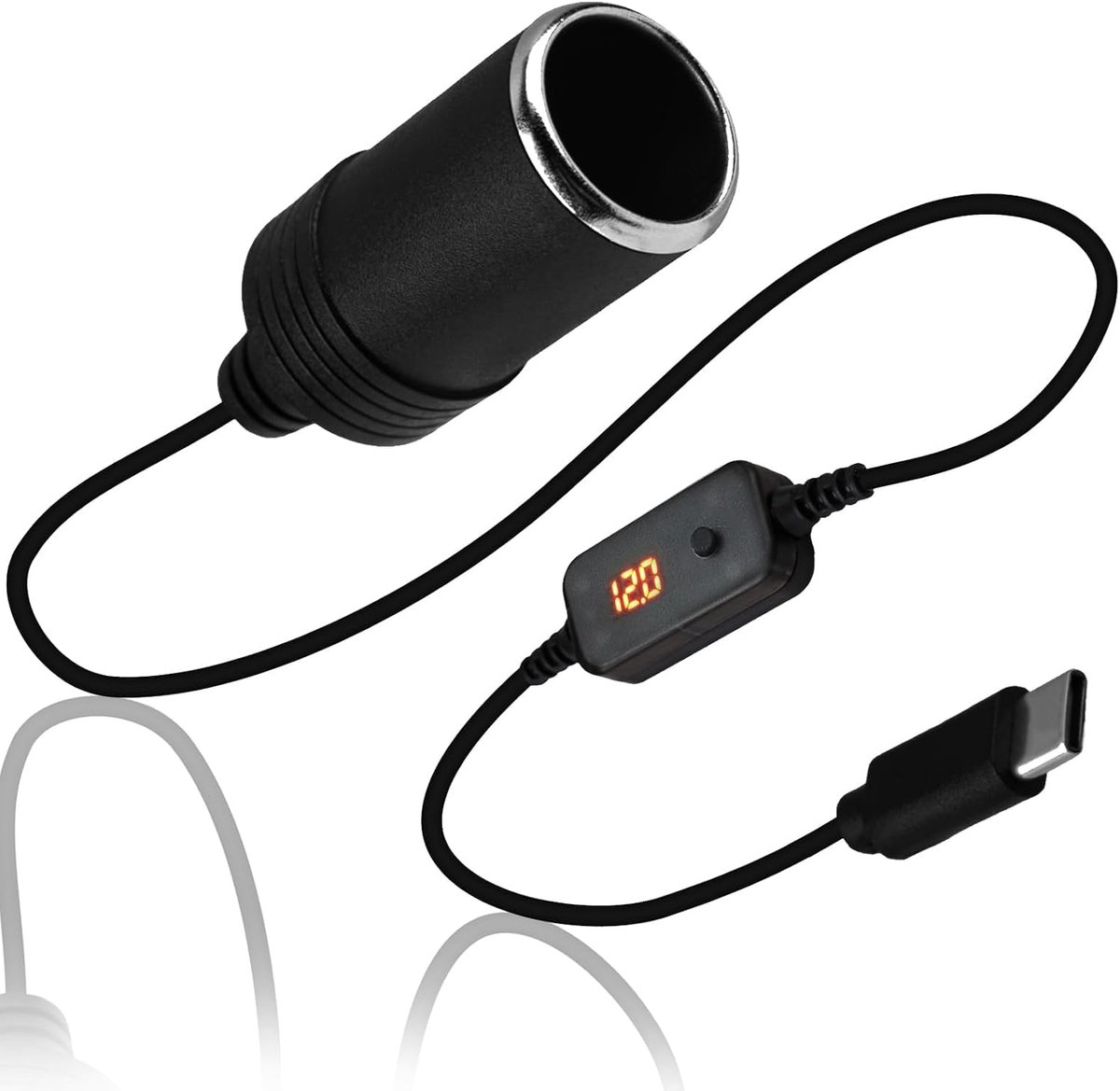 SnelShoppen - USB C naar 12V Sigarettenaansteker Adapter met LED Scherm en Schakelaar, Verstelbare Voltage 5V 9V 12V 15V 20V, 30cm voor GPS, Dashcam,