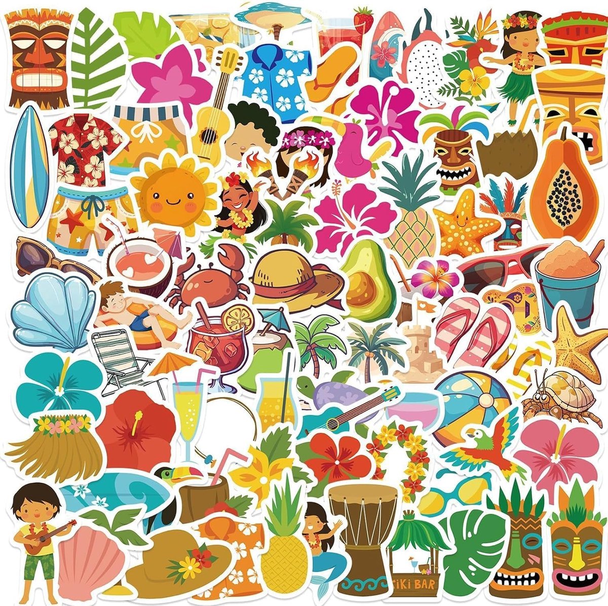SnelShoppen - 100 Stuks Zomer Strandstickers voor Kinderen - Kleurrijke Hawaii Stickers, Waterdicht en UV-bestendig voor Pool, Strand en Feestjes