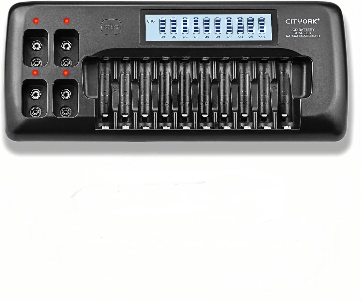 SnelShoppen - LCD Batterijlader 10 + 4 Slots voor AA/AAA Ni-MH/NiCd en 9V Li-ion Batterijen met IC Beveiliging - Ideaal voor Thuis, Camping en Meer