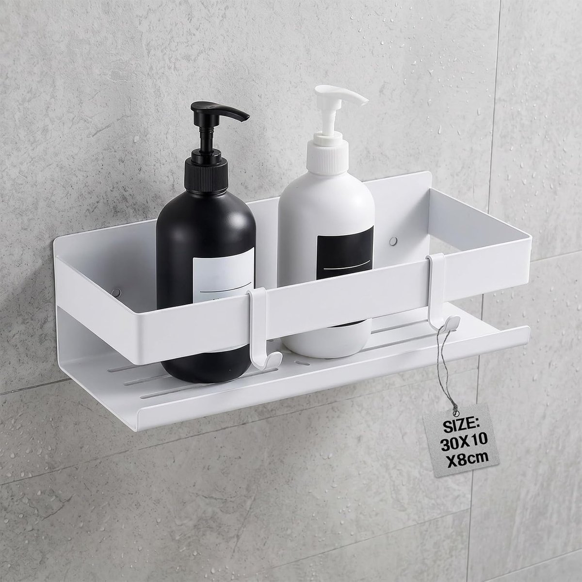 SnelShoppen - Wandplank voor Douche, 30 cm, Badkamer Plank met 2 Haken, Zeep Dish Voor Douche Zonder Boren, Rvs Opbergrek, Shampoo Houder, Wit