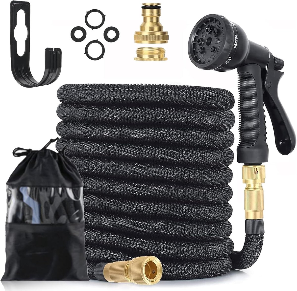 SnelShoppen - 50FT Uitbreidbare Tuinslang Waterpijp met 8 Functies Spray Nozzle, 1/2" & 3/4" Messing Aansluitingen, Multifunctionele Latex Kern Tuinsl