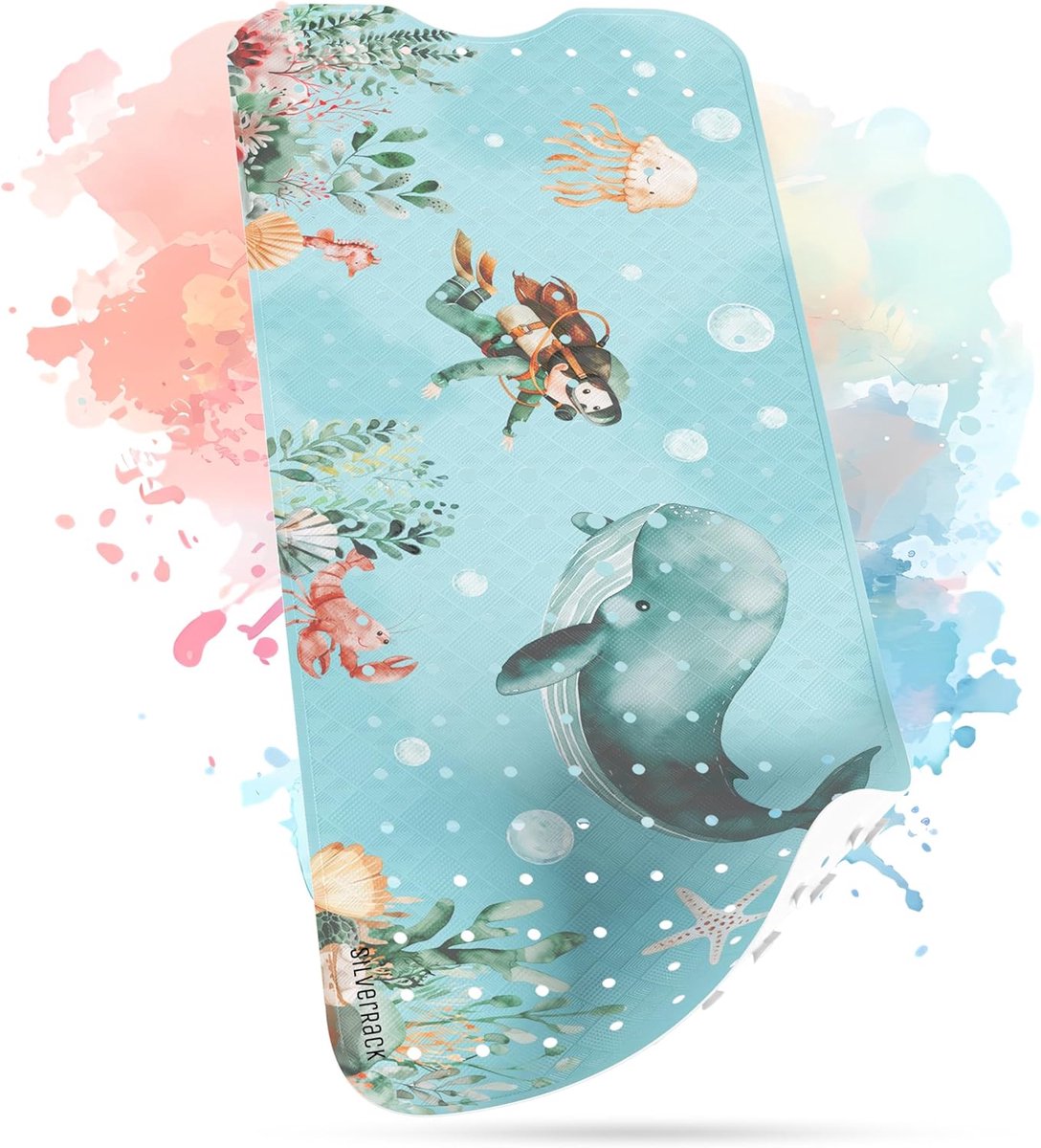 SnelShoppen - Kinderbadmat 100x40 cm, Antislip Badmat, BPA-vrij, Onderwaterwereld met Walvis, Groene Badmat voor Baby's en Kinderen