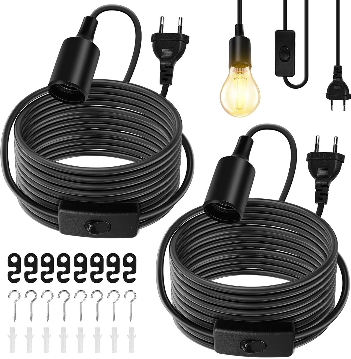 SnelShoppen - Hanging Cable Fittings E27 - 2 Stuks Fitting Lamp Pendant Licht met Schakelaar, Verstelbare Kabel 6 m voor Binnenverlichting, Slaapkamer