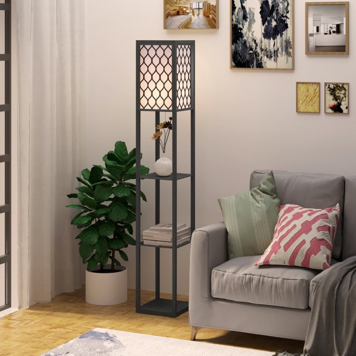 OKWISH Staande Lamp – Met Drie Open Planken – 26 x 26 x 160 cm – MDF – Zwart – Voor Woonkamer En Slaapkamer – E27
