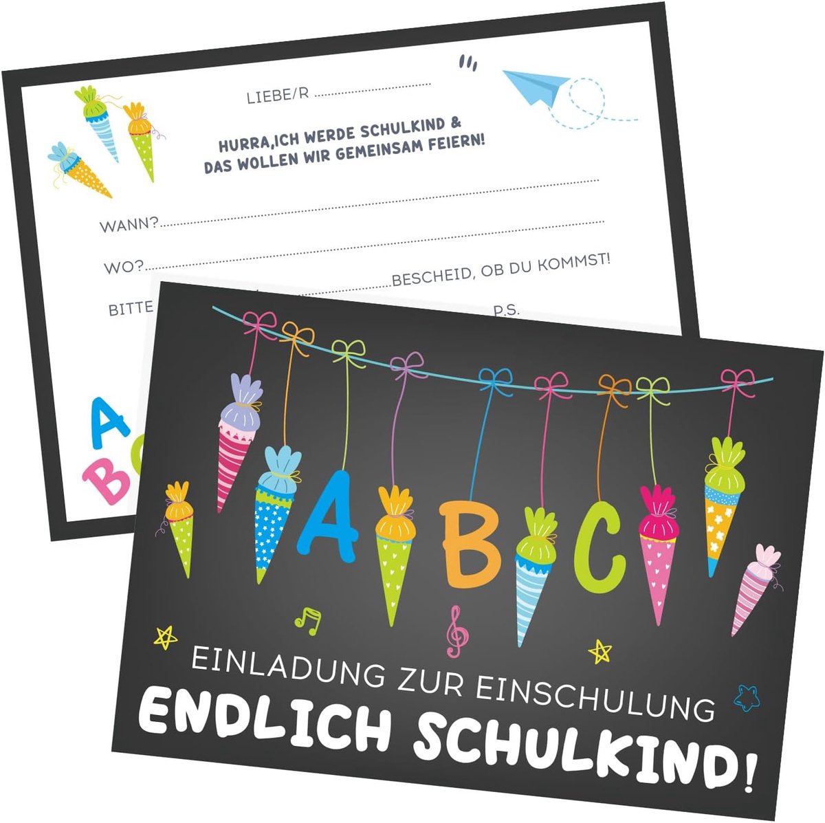 SnelShoppen - 12 Uitnodigingskaarten Eerste Schooldag - Zwart, Hoogwaardige Papier, Ruimte voor Persoonlijke Informatie, Voor Jongens en Meisjes, Scho