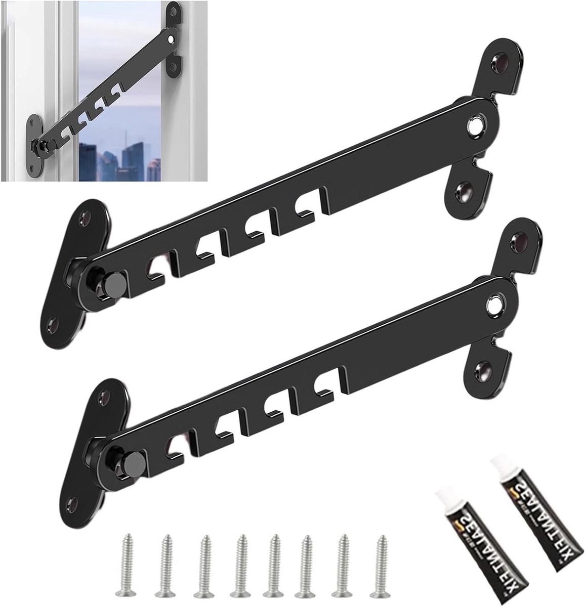 Set van 2 Raamstoppers van 18 cm, Metalen Raamsluiting voor Kiepraam, Raamvergrendeling en Raamhouder voor Veilig Openen en Sluiten van Ramen
