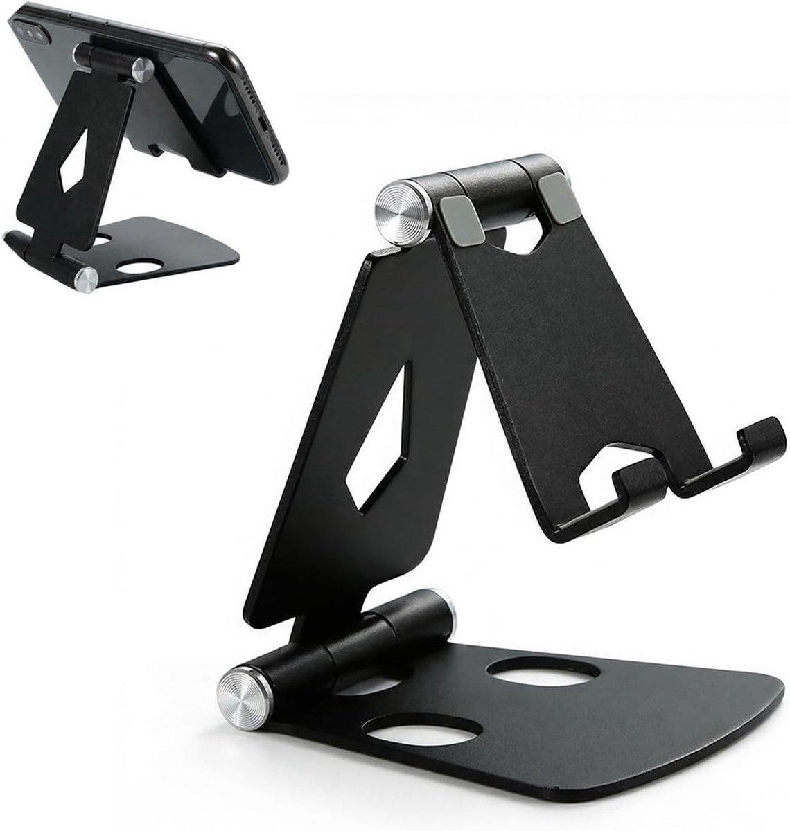 Opvouwbare aluminium telefoonstandaard voor bureau, hoogte verstelbare houder voor iPhone en Android smartphones, stabiele tafelsteun met antislip ontwerp