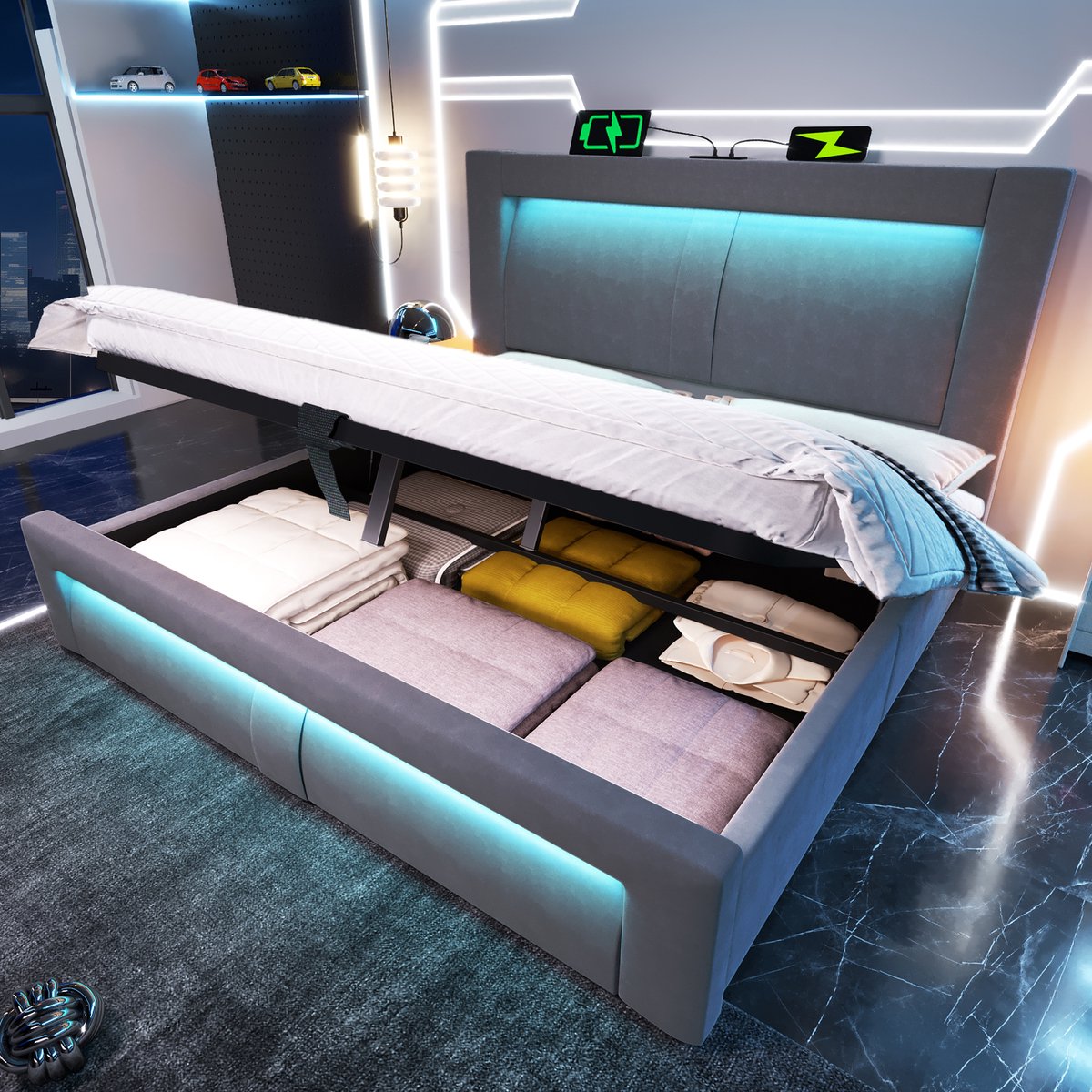 Bed 140x200 cm - Tweepersoonsbed Met Opbergruimte, Led-Verlichting, Usb En Usb-C-Laadpoorten - Met Matras - Fluweel - Grijs