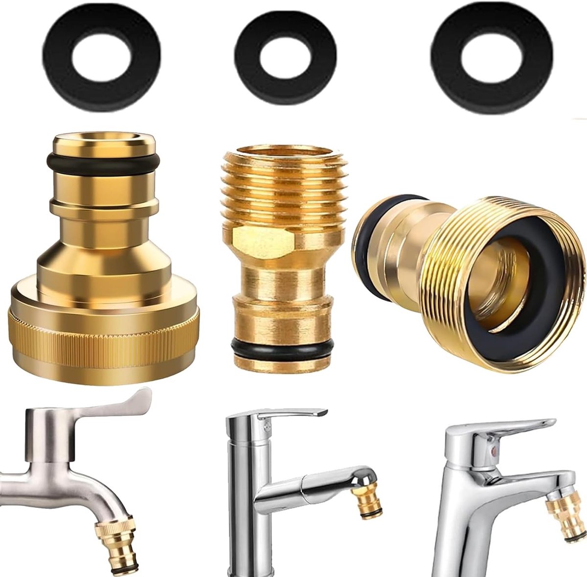 Kraanadapter voor Tuinslang - Wateraansluitadapter - Set van 3 - 1/2 inch en 3/4 inch Bsp - Vrouwelijke Schroefdraadkraanadapter - Geschikt voor Tuinslangen - Roestvrij staal - Zilver