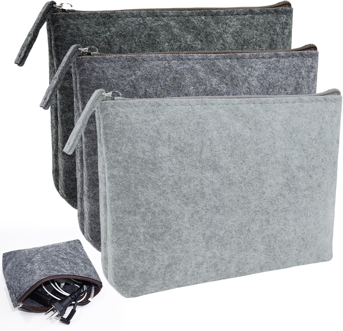 SnelShoppen - Set van 3 Cosmetica Tassen van Vilt - Grijs en Zwart - Ideaal voor Reizen, Opslag en Personaliseerbare Make-up Bags (20 x 16 cm)