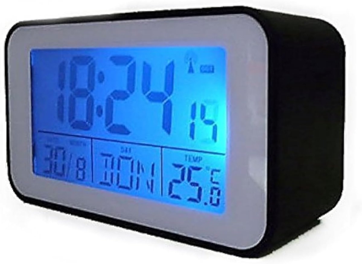 SnelShoppen - Draadloze Klok met Thermometer en Radio Alarm Klok in Zwart - Multifunctionele Wecker met Snooze Functie en Blauwe Verlichting - Ideaal