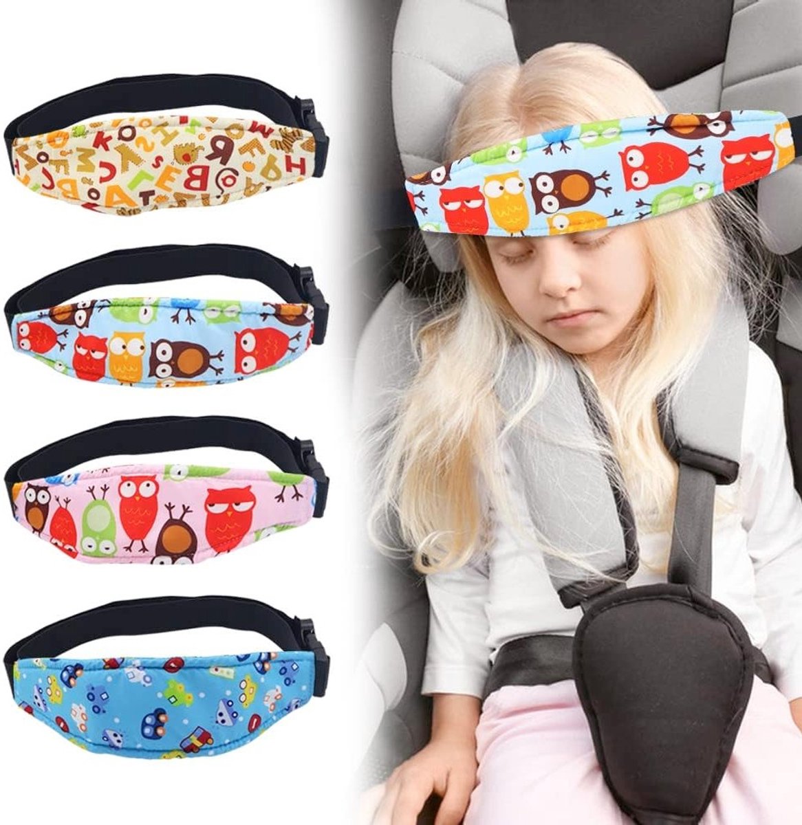 4-delige Hoofdkussen Set voor Babyautostoelen, Verstelbare Neksteun en Slaapband voor Peuters, Ideaal voor Comfort en Veiligheid tijdens Autoritten