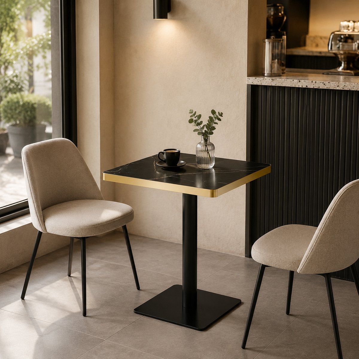 HAUSS SPOLE Eettafel - Vierkante Tafel Met Marmerlook En Gouden Rand - Voor Eethoek Of Bistrohoek - MDF En Metaal - 60x60x74 Cm - Zwart