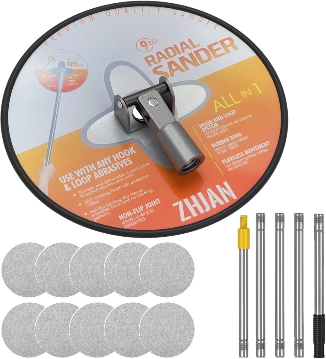 SnelShoppen - Drywall Pole Sander met 360° Rotatie, Radiale Schuurkop, Verlengstok & 10 Schuurvellen (80/100/120/180/240 Grijn) - Perfect voor Wanden