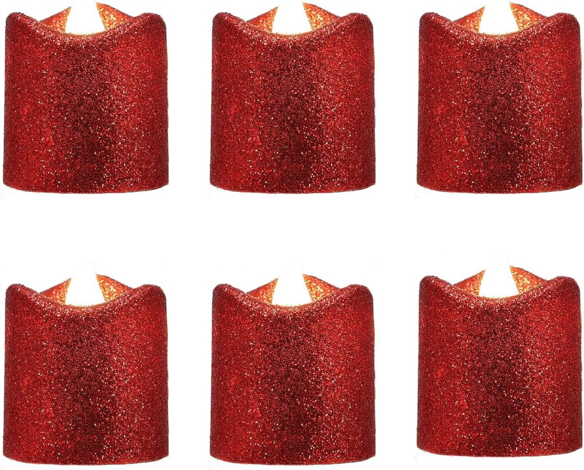 SnelShoppen - Glitter Rode LED Theelichtjes - Batterij Aangedreven Vlamloze Kaarsen - 6 Stuks - Veilig voor Thuis, Feest, Bruiloft, Halloween, Kerst D