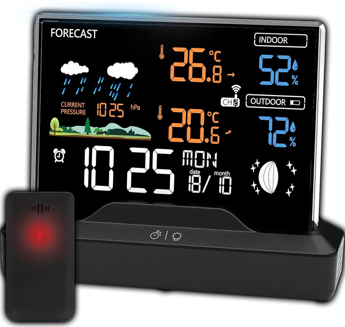 SnelShoppen - Draadloos Weerstation met Buitensensor, Weersvoorspelling, Thermometer, Hygrometer, Barometer, LCD-display, Radioklok, 80 m Bereik, Zwar