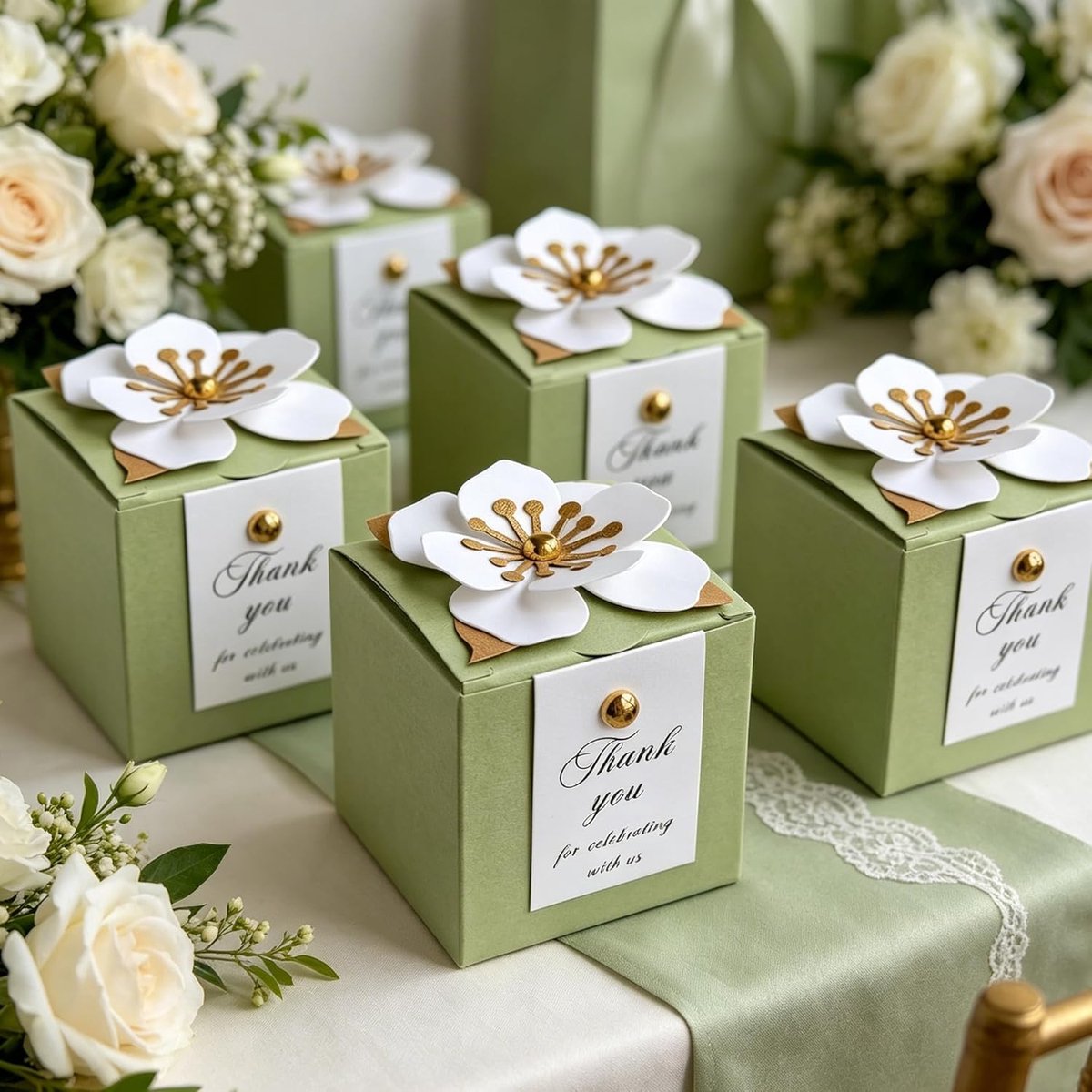 SnelShoppen - 20 stuks Snoepdozen met Bloemendecoratie en Bedankkaarten, Feestgeschenkdozen voor Bruiloft, Verjaardag, Babyshower - Olijfgroen - 6x6x6