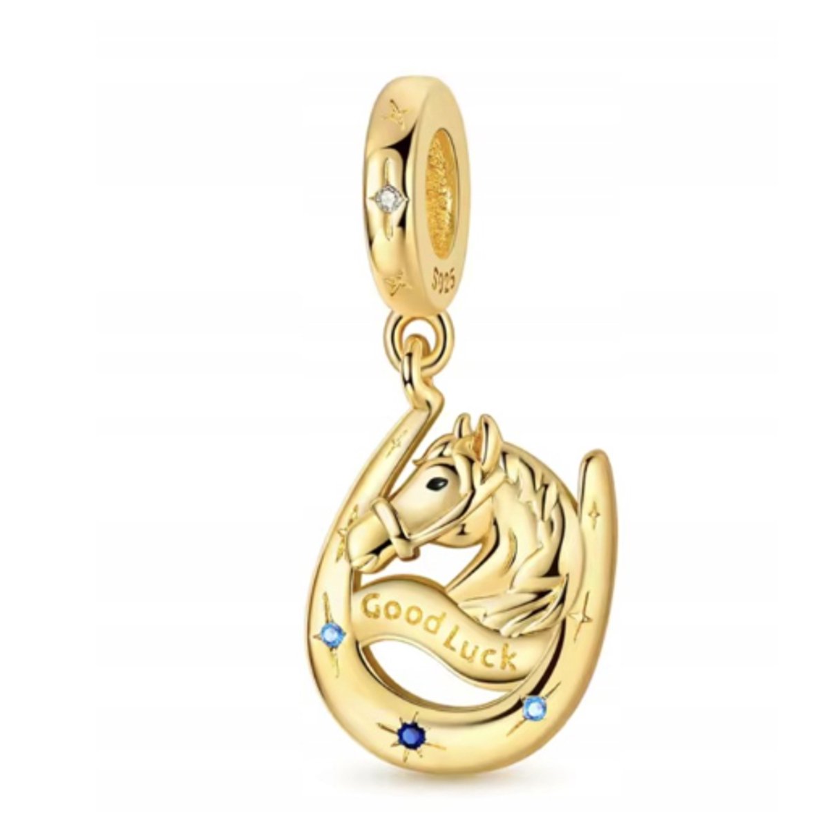 Fler® | Bedel | Past op populaire bedelarmbanden (standaard - 3mm) | Paard in Hoefijzer Bedel | Hangbedel Charm | 925 sterling zilver | Blauwe zirkonia | Valentijnsdag Cadeau | Sinterklaas kado | Kerstcadeau | Verjaardagsgeschenk | Vriendschap