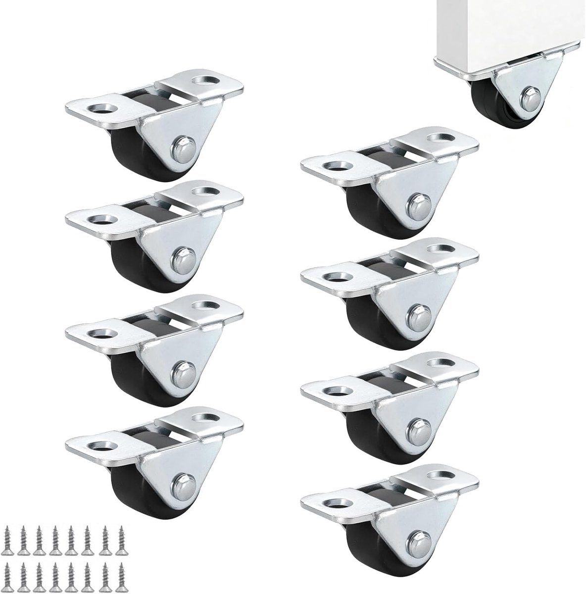 SnelShoppen - Mini meubelwielen 12mm - 8 stuks rubberen meubelrollen - Laag model 24 kg draagkracht - Zwarte kastwielen voor box, kast en lade