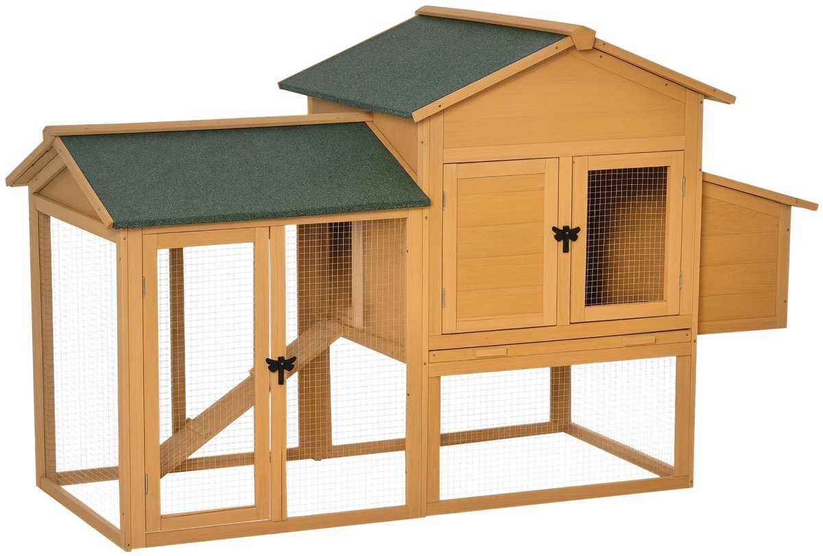 Bantam Kippenhok met Ren – Kippenhuis met Legnest van Sparrenhout – Geel/Groen