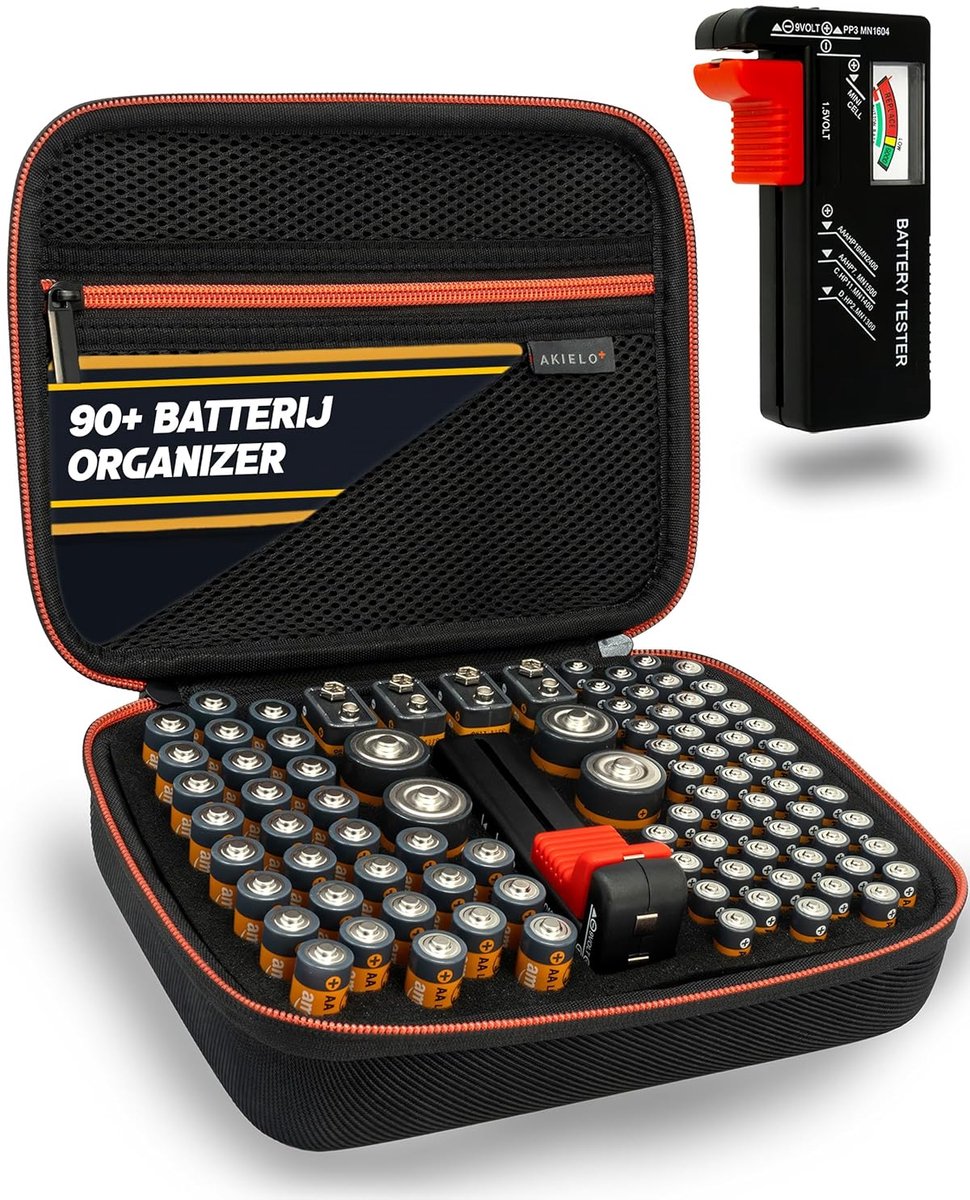 SnelShoppen - Batterij Organizer en Opbergdoos voor 90+ Batterijen met Batterij Tester - AA, AAA, C, 9V, Inclusief Veiligheidszak voor Knopfcelbatteri