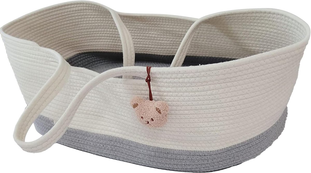 SnelShoppen - Baby Moses Basket Draagbare Babybed Handgedraaide Katoenen Mand voor Babybedje Reisverpakking en Verschoontafel voor Baby in Wit en Natu