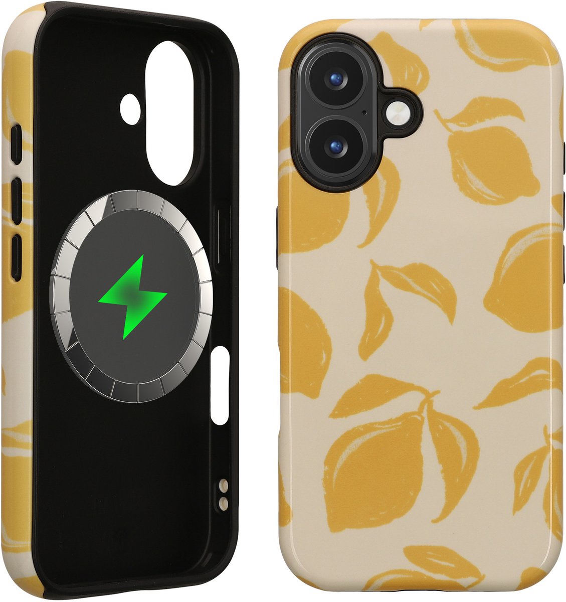 kwmobile telefoonhoesje met dubbele bescherming voor Apple iPhone 16 — draadloze oplaadfunctie — Zonnige Citrusvruchten design