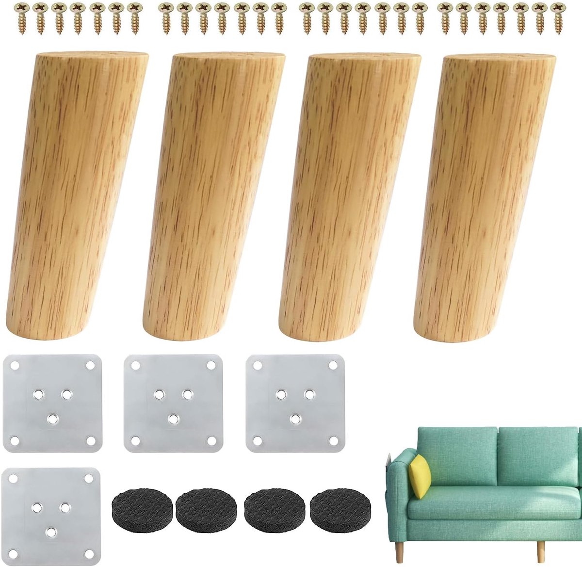 SnelShoppen - Set van 4 Houten Meubelpoten 12cm - Stevige Tapered Eiken Houten Vervangingspoten voor Bank, Tafel, Stoel, Keuken, Kantoor, Inclusief Mo