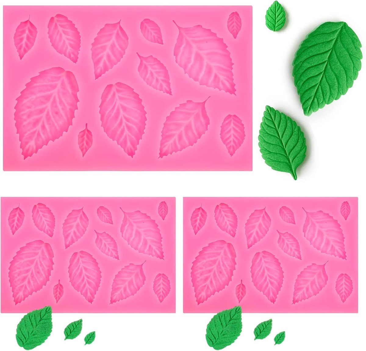 SnelShoppen - 3D Mini Leaf Fondant Moulds - Silicone Mallen voor Taartdecoratie, Bakvormen voor Fondant, DIY Bakken, 3 Stuks, 9.7 x 6.3 cm, Roze, Perf