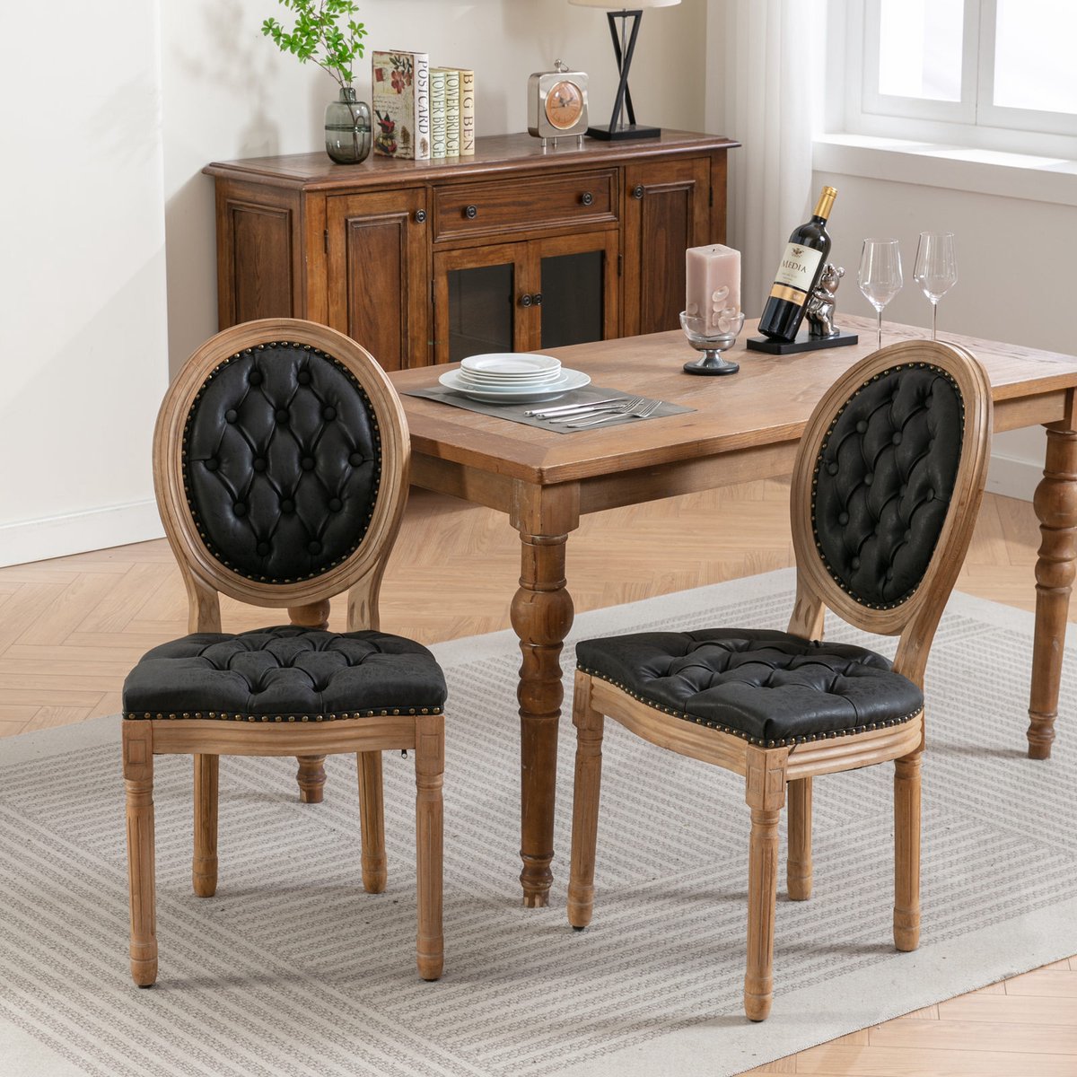 Pugsdrly - Set van 2 Franse landelijke eetkamerstoelen - Verweerd massief hout - PU-leer met schapenvacht - Ovale rugleuning - Hoge dichtheid schuimvulling
