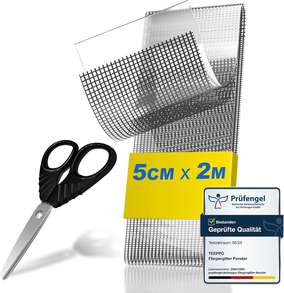 SnelShoppen - Fly Screen Repair Tape Set 2m - Insectenbescherming, Sterke Zelfklevende Glasvezel, Voor Mosquito Netten, Inclusief Schaar, Grijs (2m x