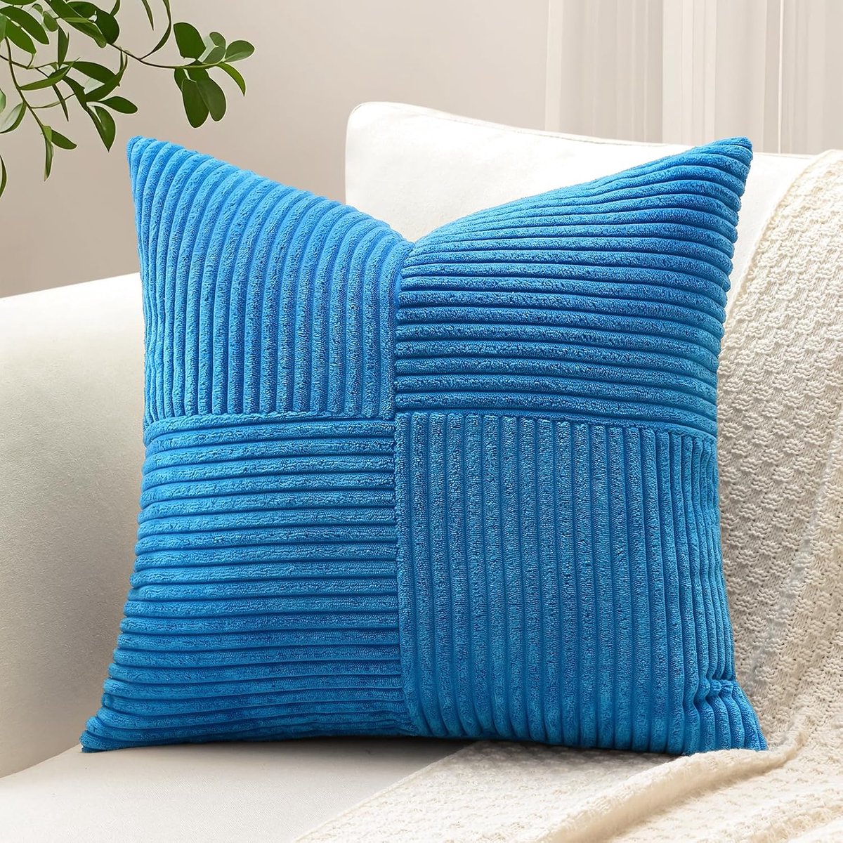 SnelShoppen - Corduroy Kussenhoes 60x60 cm, Blauw, Decoratieve Kussenhoezen met Streepjespatroon, Zachte Kussens voor Bank, Woonkamer, Throw Pillow Ca
