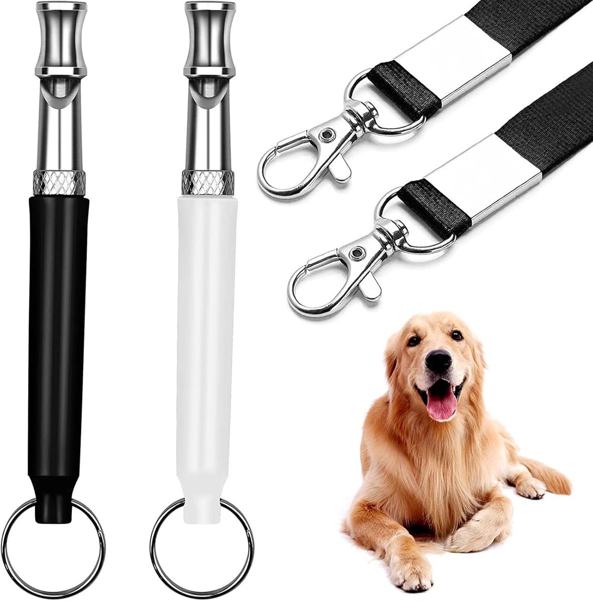 SnelShoppen - 2 x Hondenfluitje Ultrasoon (Zwart en Wit) met Riem - 49 cm - Effectieve Trainingsaccessoires voor Oproepen en Onderwijs