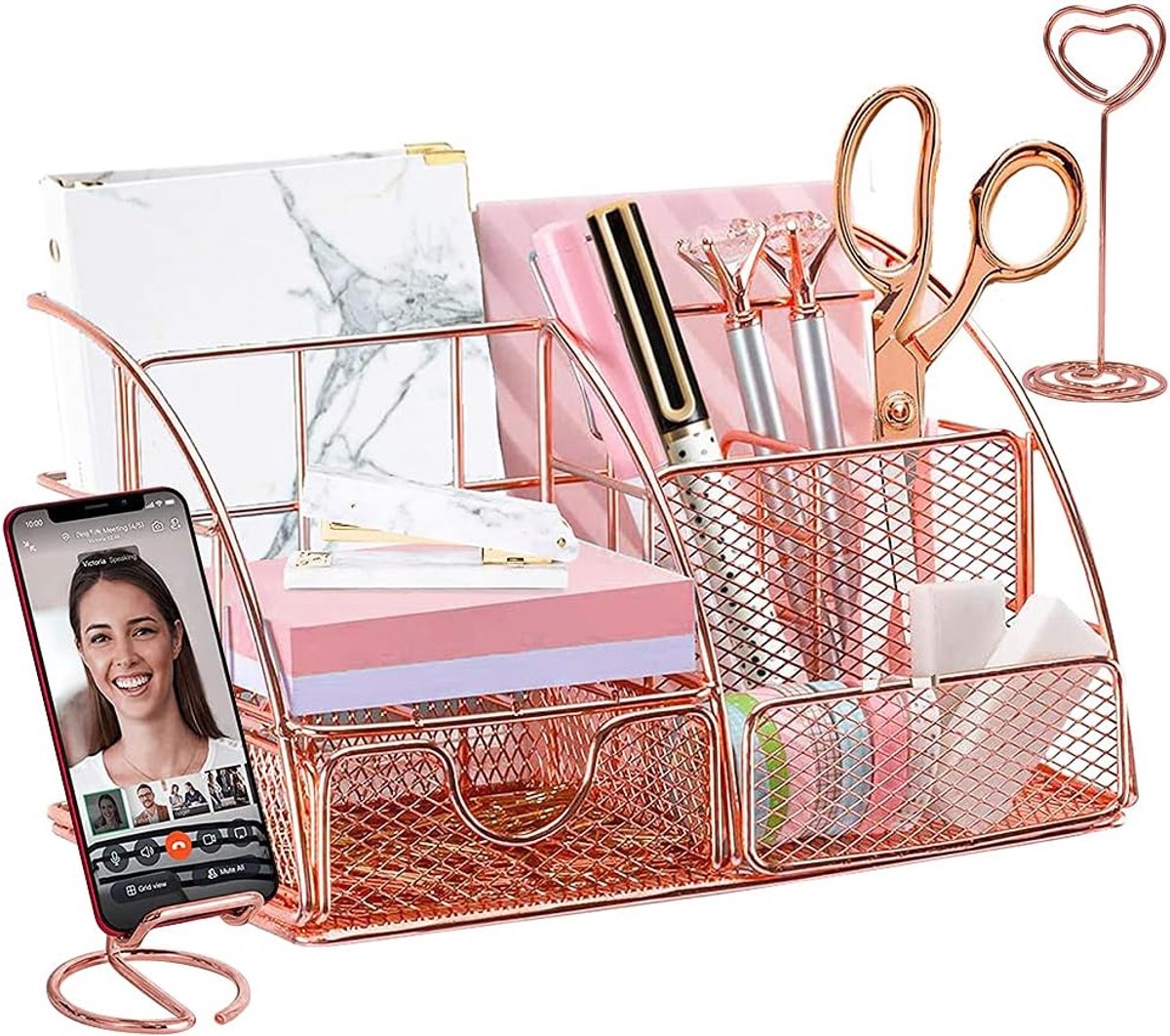 SnelShoppen - Desk Organiser Rose Goud met Telefoonhouder, Pennenhouder, Cosmetica Organizer, Metaal, Multifunctioneel, Voor Thuis, Kantoor en School