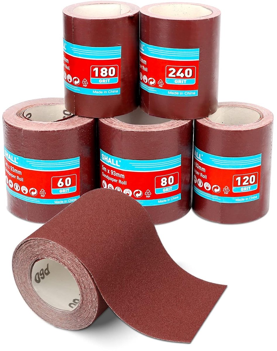 SnelShoppen - Sandpapir Rol Set 5 Stuks, 9.5cm x 5m, 60/80/120/180/240 Korrel, Aluminium Oxide voor Schuren, Polijsten en Roest Verwijderen