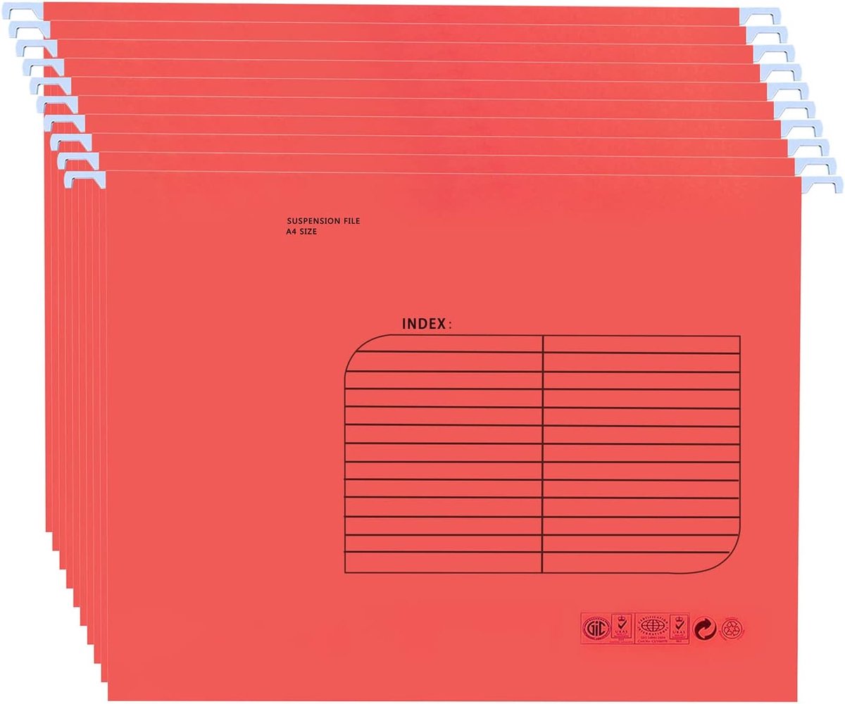 SnelShoppen - A4 Hangmappen 25 Stuks, Verstevigde Ophangmappen voor Kantoor, School en Werk, Met Aanpasbare Labels, Rood, Duurzaam Papier