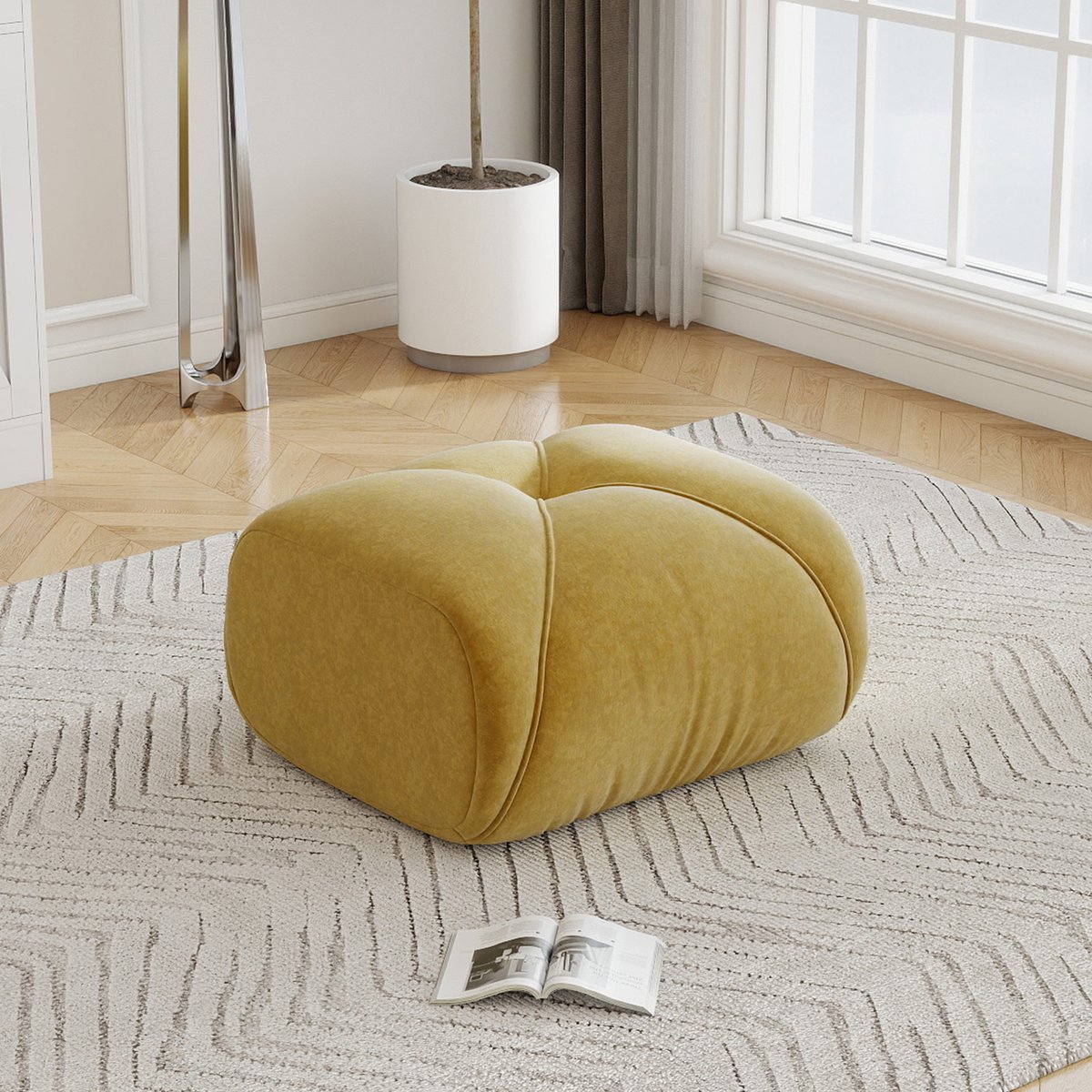 MIVRAY Voetenbankje – 78 x 76 x 45 cm – Zachte Chenille Stof – Geel – Gestoffeerd Zitcomfort Voor Woonkamer En Relaxhoek – Modern Design