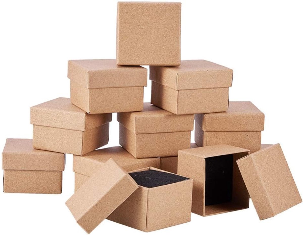 SnelShoppen - 24 Stuks Vierkante Kartonnen Cadeauboxen Tan Kraft met Sponsinleg voor Sieraden Ringen Kettingen Armbanden Oorbellen - Duurzaam en Stijl