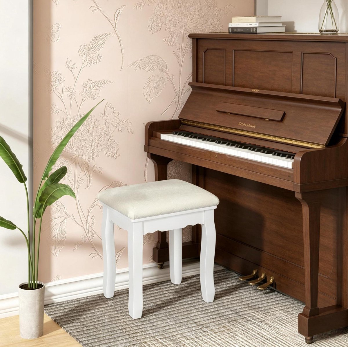 Hocker Gepolsterd – 38 x 28,5 x 45 cm – MDF En Hout – Wit – Samt Zitting – Voor Kaptafel, Piano, Slaapkamer En Schoenen Wisselen