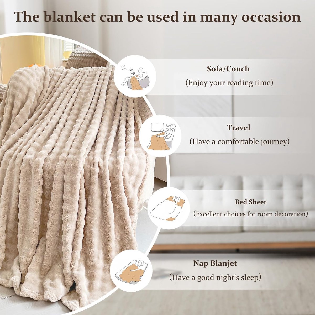 SnelShoppen - Super Zachte Warmte Milk Velvet Cozy Bubbles Dekens 450 GSM Grote Fluffy Bedgooi voor Sofa, Camping, Reizen, Auto, Kleur Camel 180x230cm