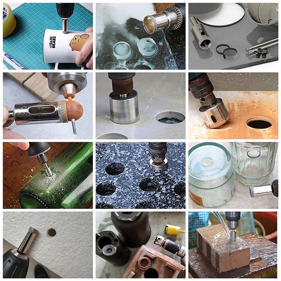 Collage van verschillende toepassingen van diamantschijven op diverse materialen.