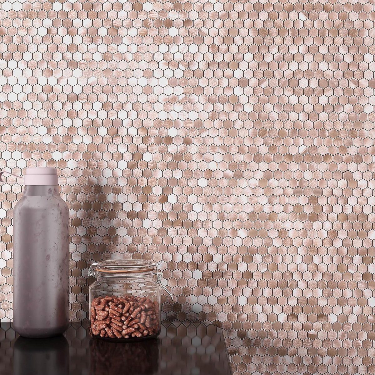 SnelShoppen - BeNice Metaal Mini Hexagon Plakstickers voor Mozaïek Tegels, Zelfklevende Wanddecoratie voor Keuken en Haard, 10 Vellen, Bruin Roze Goud