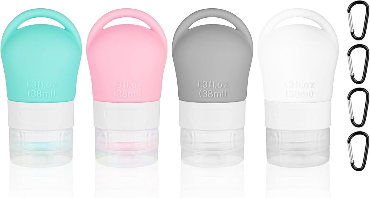 SnelShoppen - Reiskit - 4x 37ml Levensmiddelencontainers - Lekvrije Siliconen Reisflessen Set - Toilettas - Ideaal voor Vakantie, Camping, Vliegtuig e