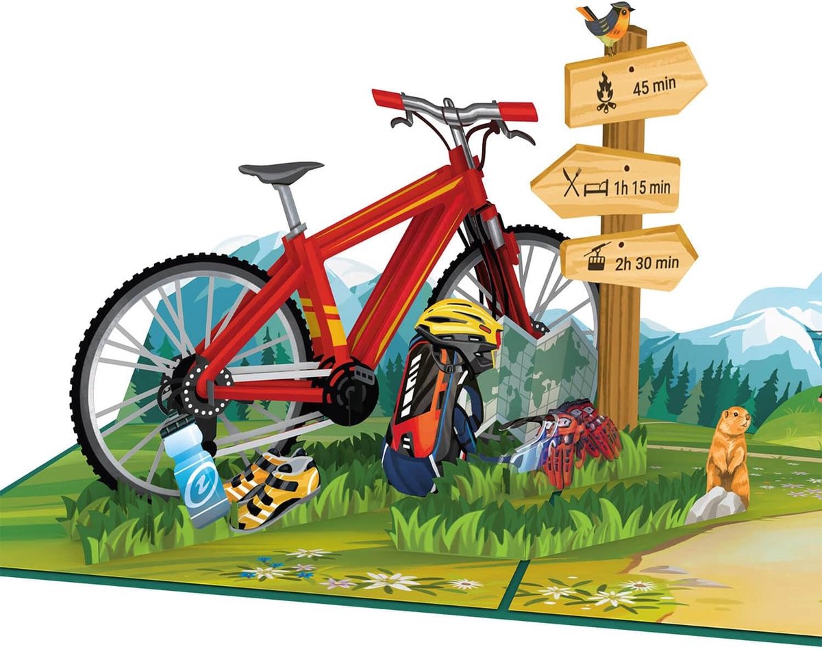 SnelShoppen - 3D Pop Up Verjaardagskaart Mountain Biking - Cadeaukaart voor Fietstocht, Reisvoucher voor Bergvakantie, Perfect voor Mountainbike Acces